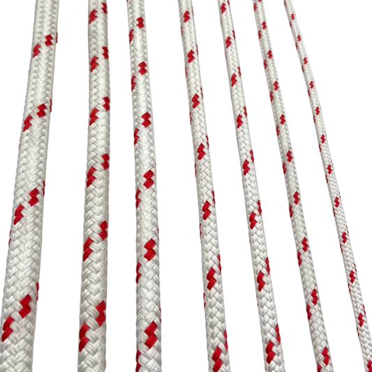 White & Red Low Stretch Polyester Sailing Braid 5/8"